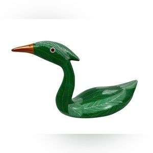 Vintage Wooden Bird Goose Duck Hand Carved Green Painted 10” X  5” Signed Rare